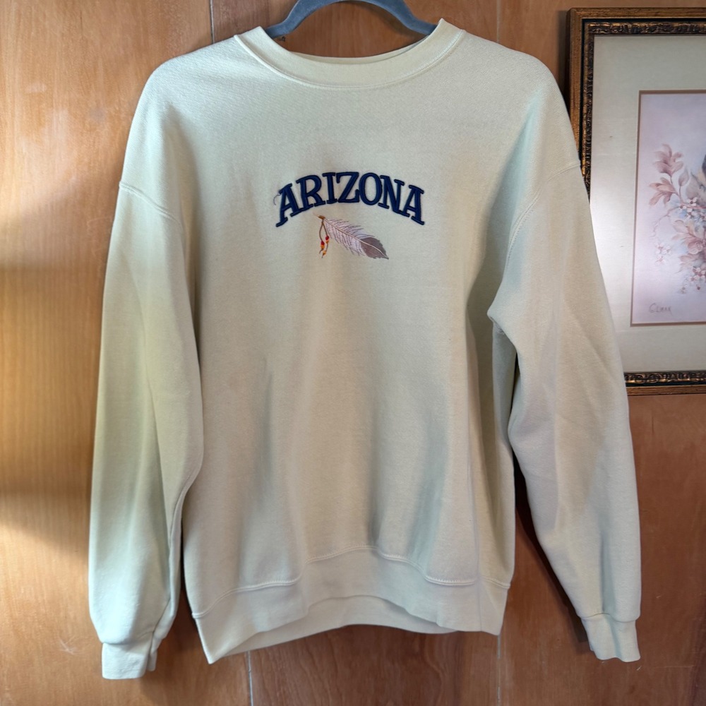 Vintage Arizona Embroidered Feather Crewneck‎ Sweatshirt Cream Yellow Womens XL - Picture 2 of 7